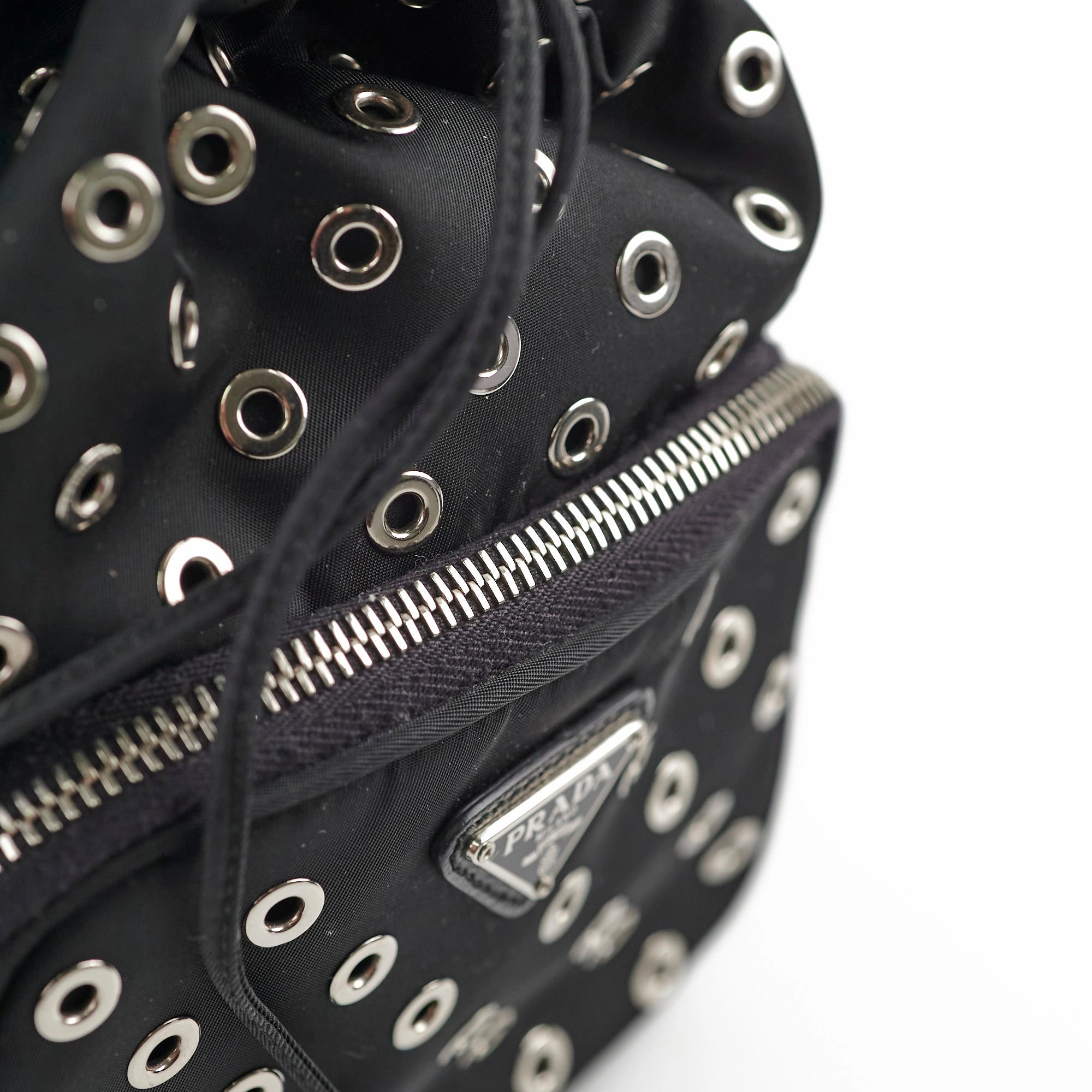Prada Tessuto Nylon Saffiano Grommets Mini Bucket Crossbody Black