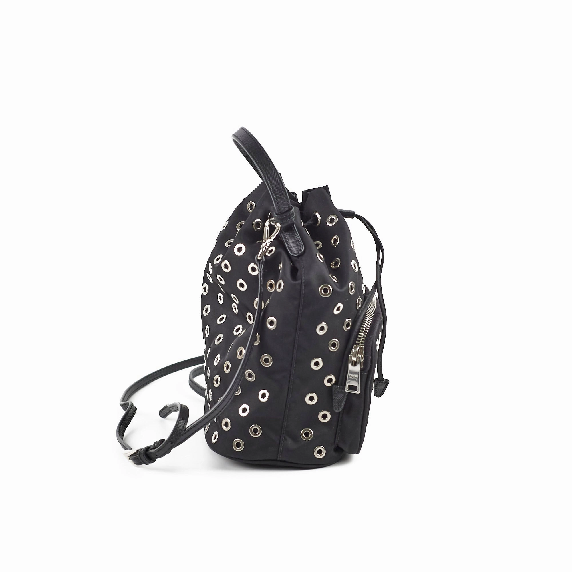 Prada Tessuto Nylon Saffiano Grommets Mini Bucket Crossbody Black