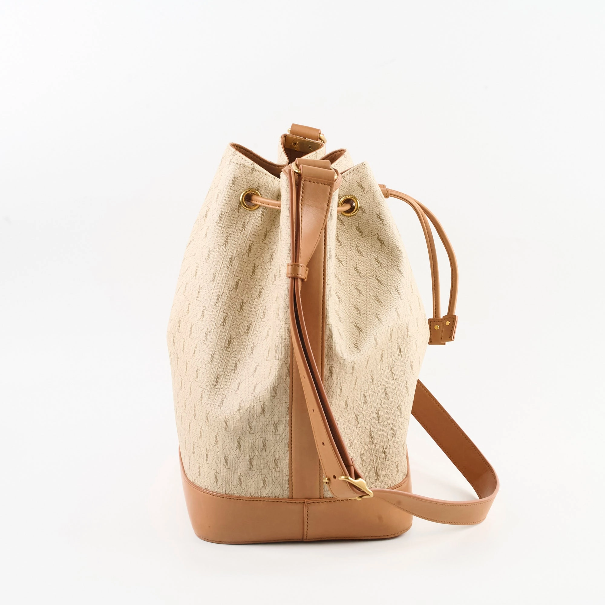 Saint Laurent Monogram Canvas Bucket Bag Beige