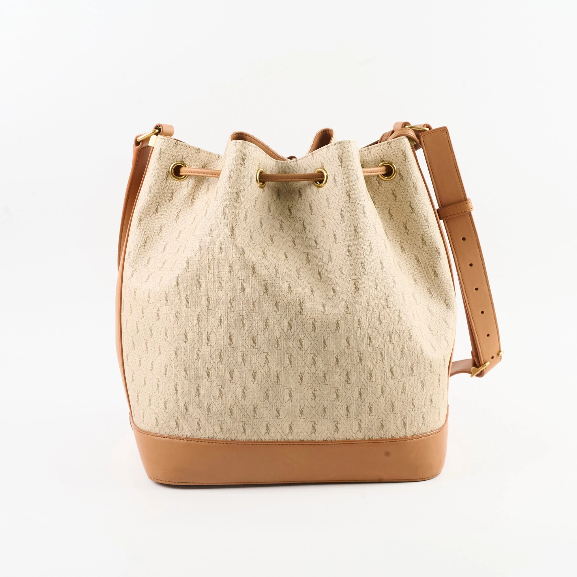 Saint Laurent Monogram Canvas Bucket Bag Beige