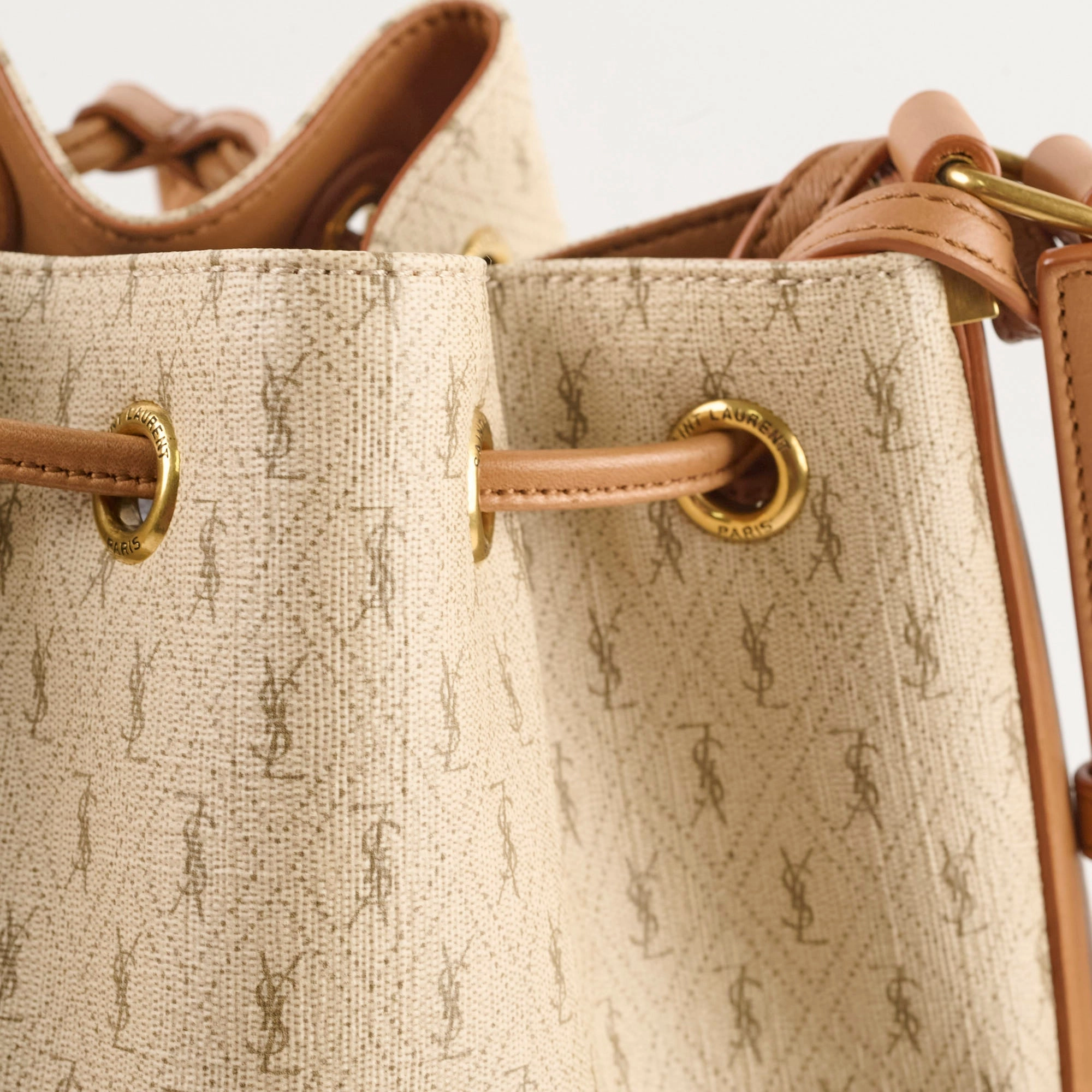 Saint Laurent Monogram Canvas Bucket Bag Beige