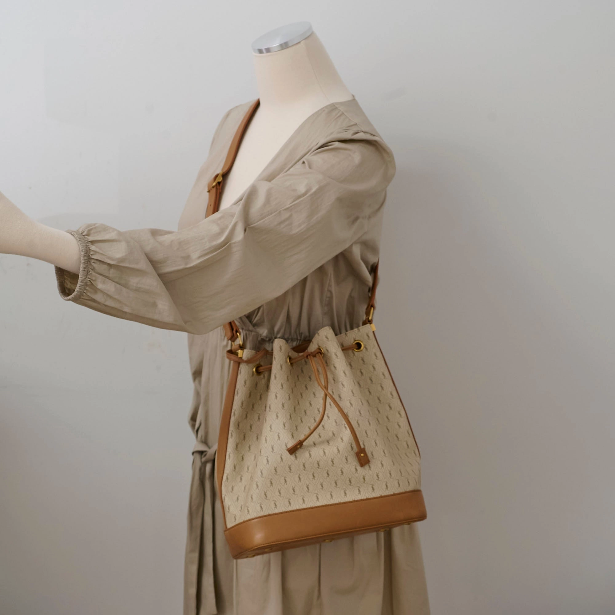Saint Laurent Monogram Canvas Bucket Bag Beige