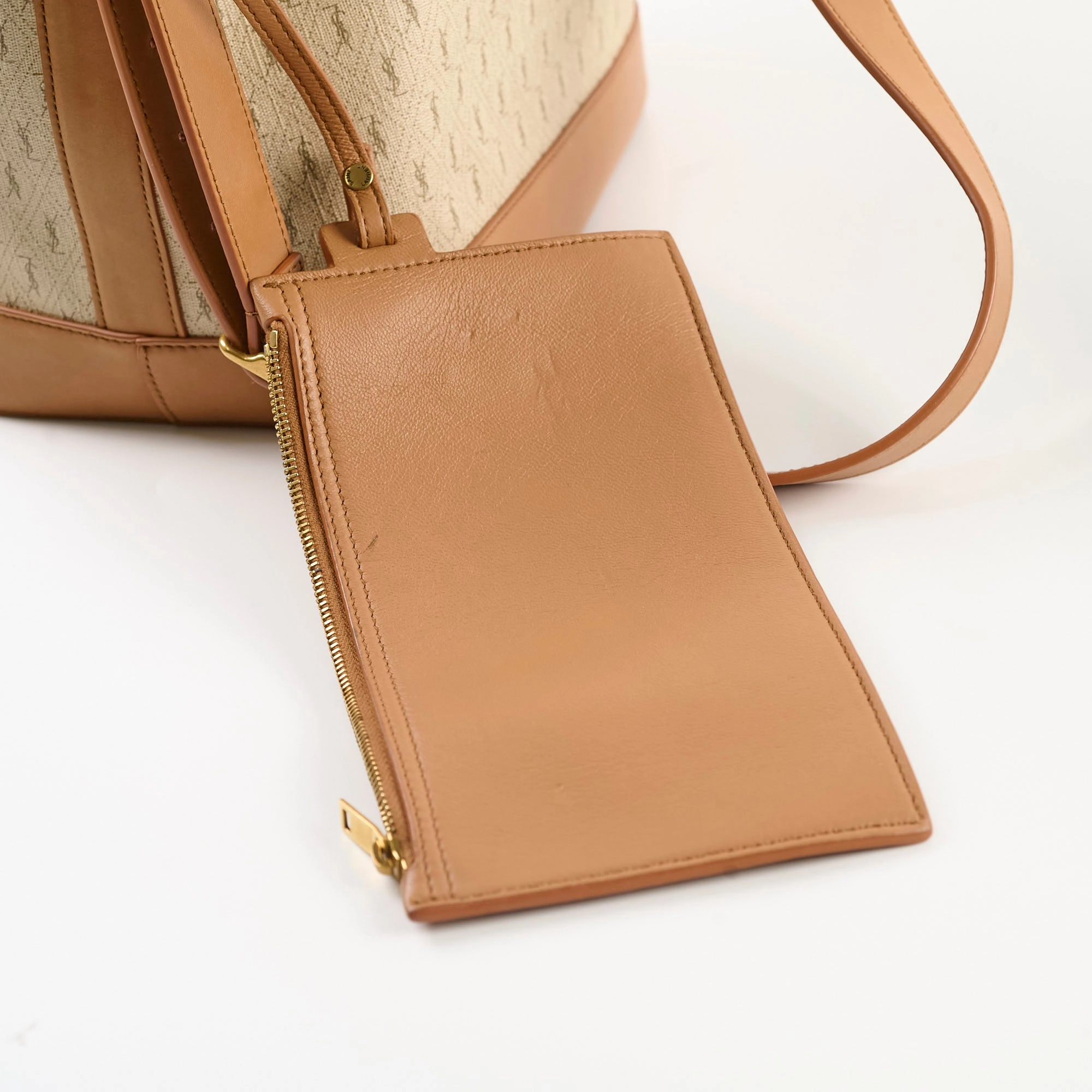 Saint Laurent Monogram Canvas Bucket Bag Beige