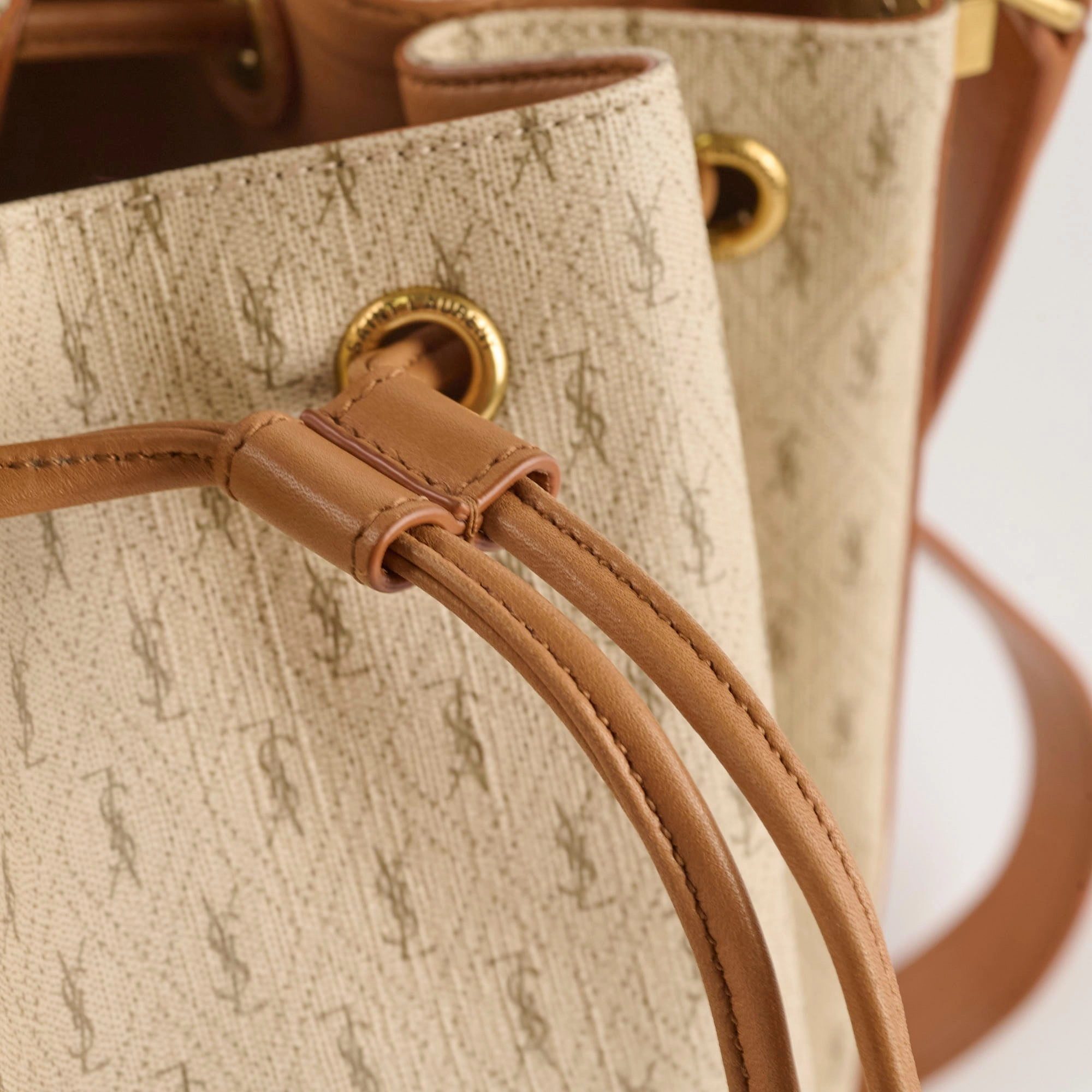 Saint Laurent Monogram Canvas Bucket Bag Beige