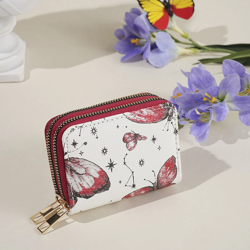 Simple butterfly print double zipper wallet