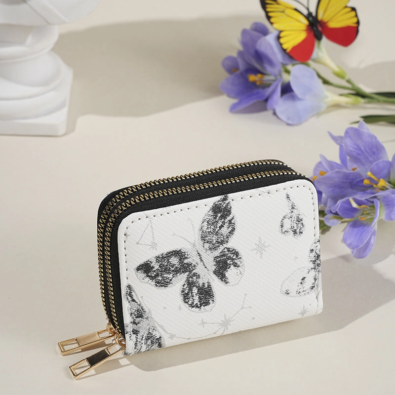 Simple butterfly print double zipper wallet
