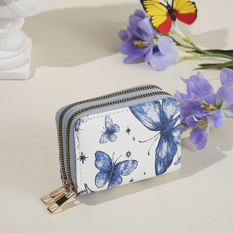 Simple butterfly print double zipper wallet