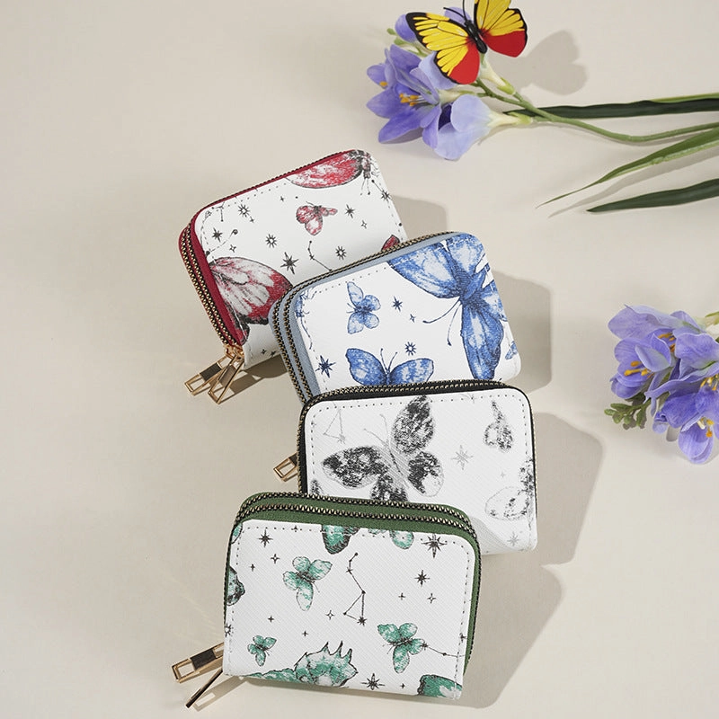 Simple butterfly print double zipper wallet