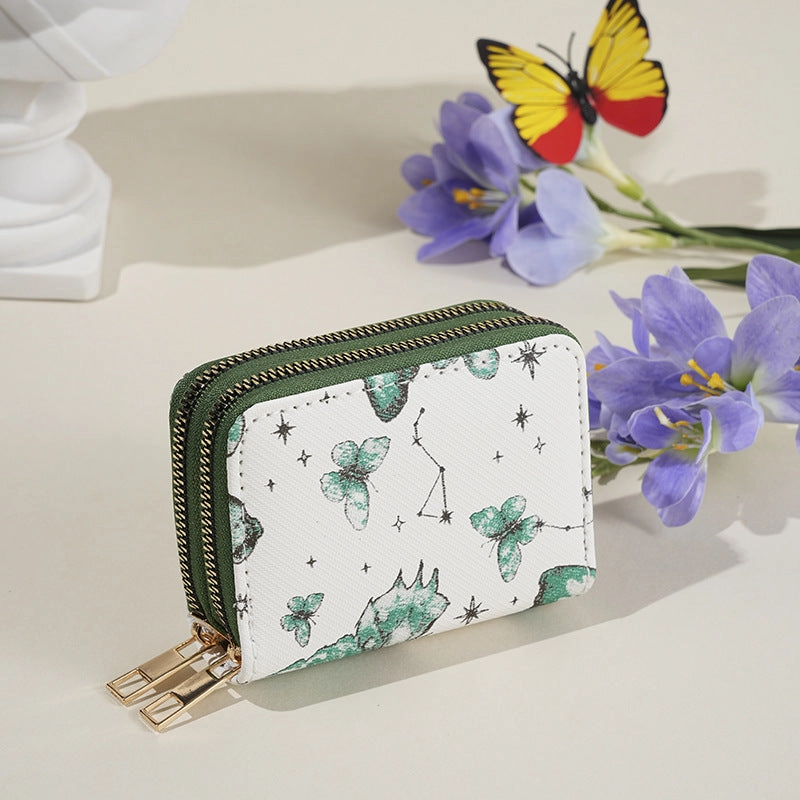 Simple butterfly print double zipper wallet