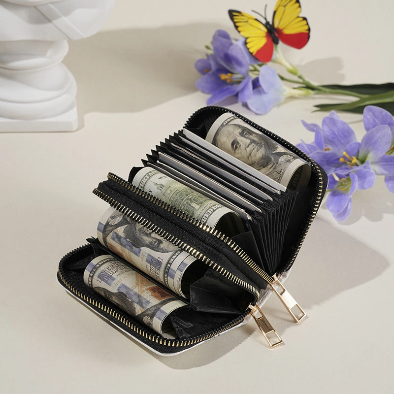 Simple butterfly print double zipper wallet