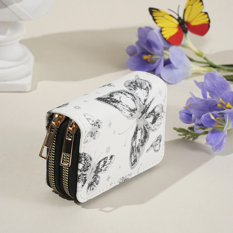 Simple butterfly print double zipper wallet