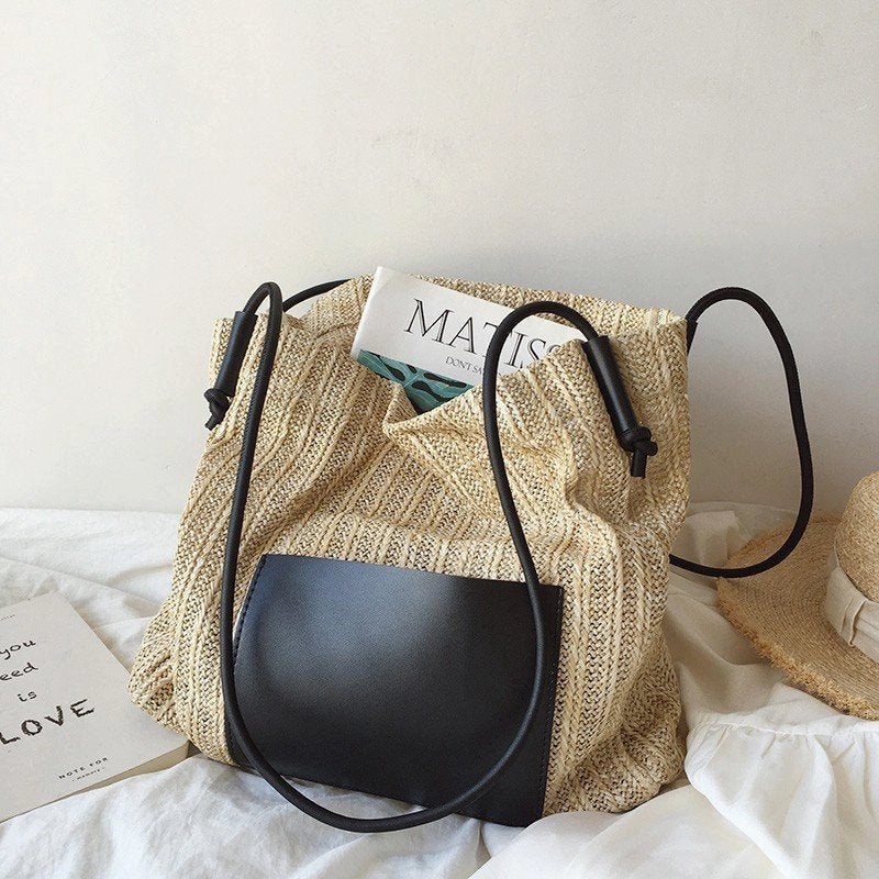 Vintage Woven Tote Bag Straw Beach Bag