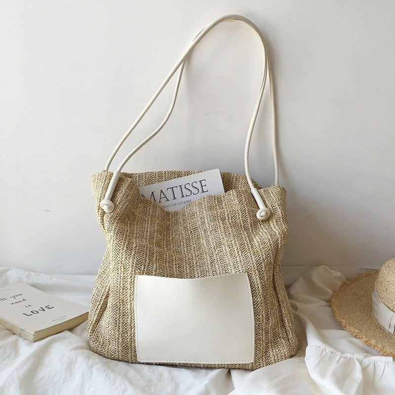 Vintage Woven Tote Bag Straw Beach Bag