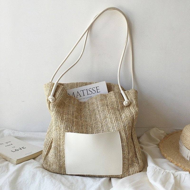 Vintage Woven Tote Bag Straw Beach Bag
